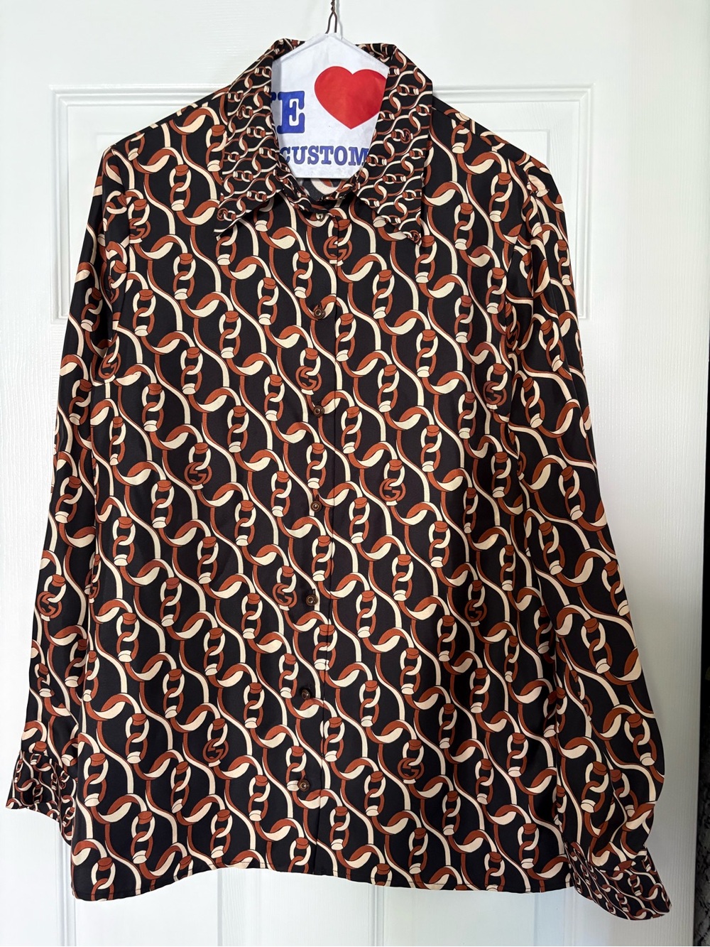 Gucci Black Button-Down Shirt with Brown and Cream Chain Print